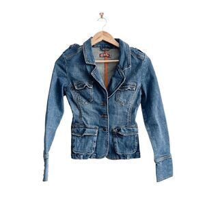 Moto Womens Denim Blazer Jacket Long Sleeve Button Front Blue Wash Small